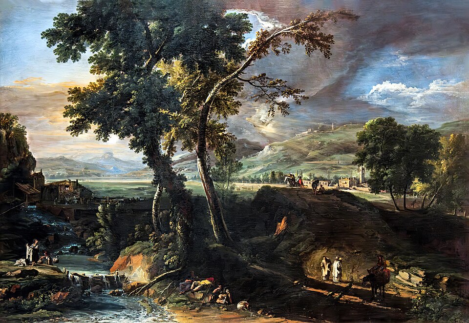 Zdjęcie ilustracyjne: (Venice) Landscape with Streams, Monks, and Washerwomen by Marco Ricci - Gallerie Accademia.jpg