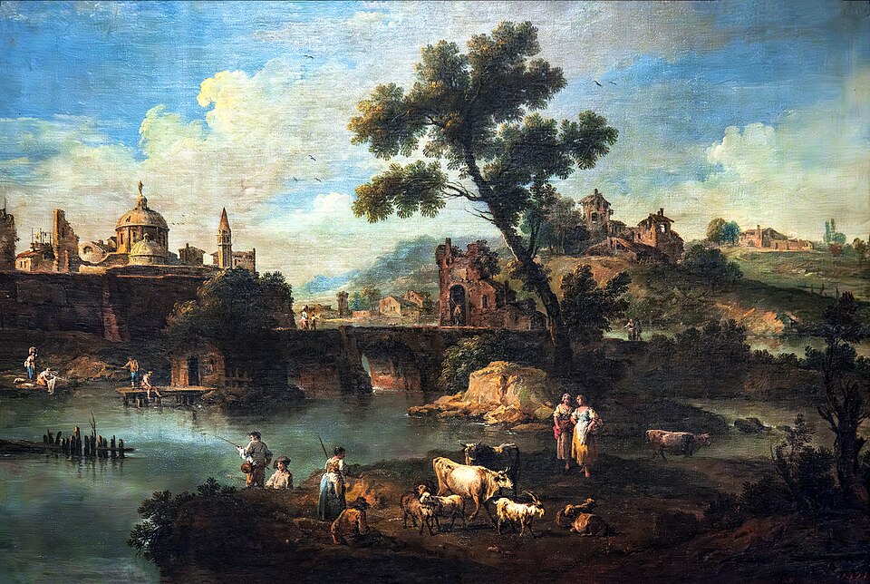Zdjęcie ilustracyjne: (Venice) Landscape with a River,a Bridge, and Animals by Giuseppe Zais - Gallerie Accademia.jpg
