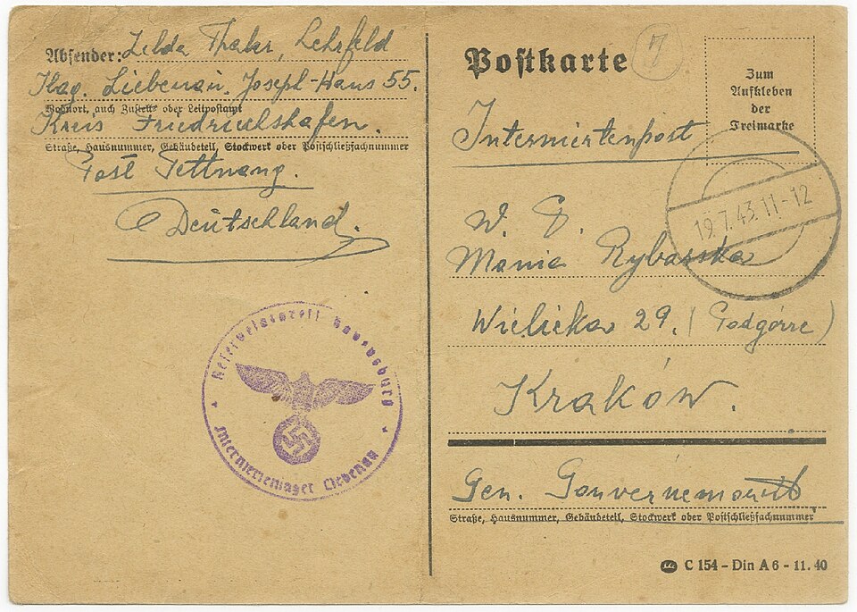 Zdjęcie ilustracyjne: 1943-07-19 Interniertenpost of the jewish Zelda Thaler Lehrfeld from the Interniertenlager Liebenau in Germany to Marie Rybasska in Kraków in the General Governorate for the Occupied Polish Region.jpg