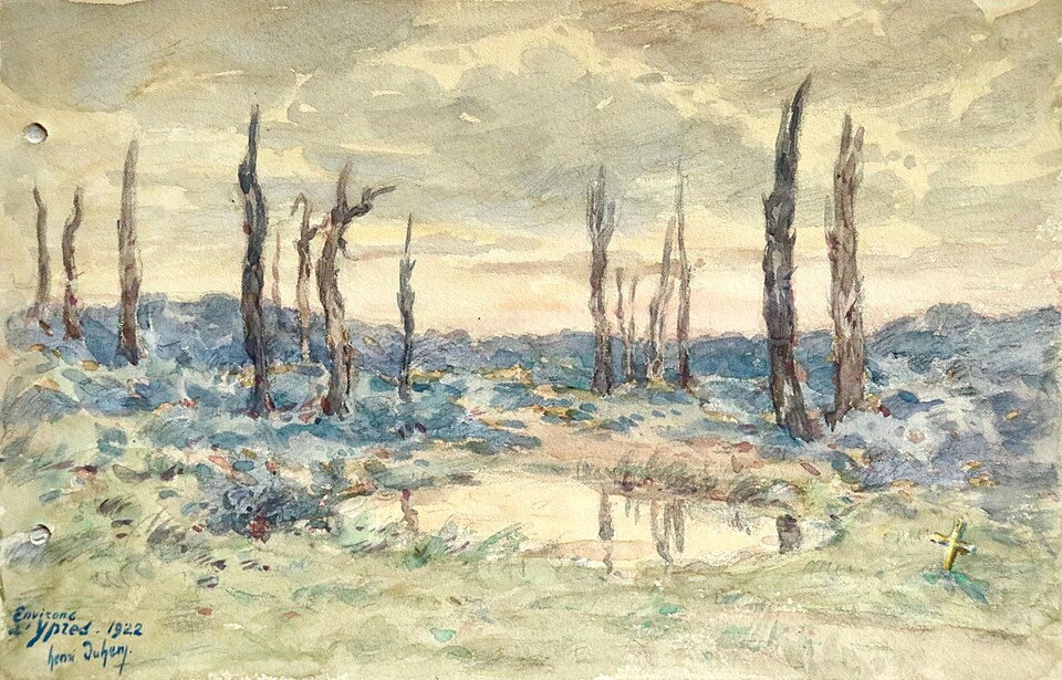 Zdjęcie ilustracyjne: Environs d'Ypres - 19th Century Watercolor, World War I Landscape by Henri Duhem, 1922.jpg