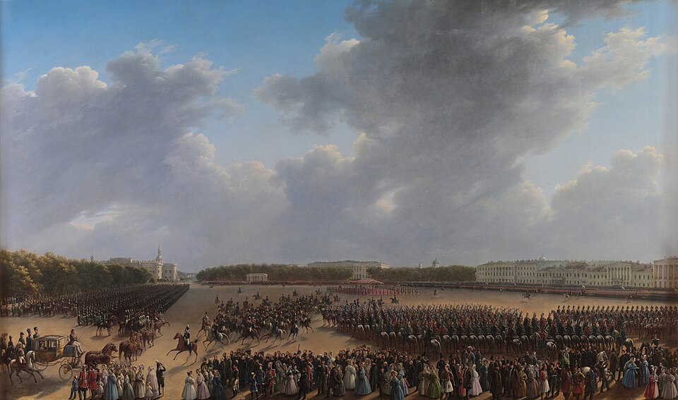 Zdjęcie ilustracyjne: Grigory Chernetsov - Parade Celebrating the End of Military Action in the Kingdom of Poland on Tsaritsa Meadow in St Petersburg on 6 october 1831 - Google Art Project.jpg