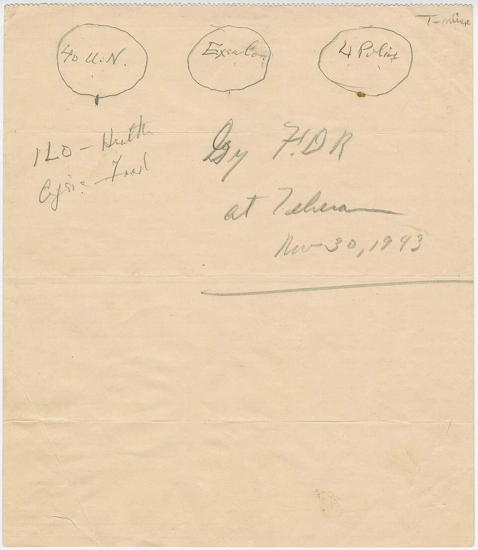 Zdjęcie ilustracyjne: United Nations organization sketch by Franklin Roosevelt with the Four Policemen in 1943.jpg