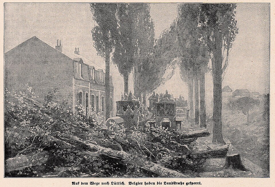 Zdjęcie ilustracyjne: Belgian troops block a road in Liège - Lüttich against the German advance 1914.jpg